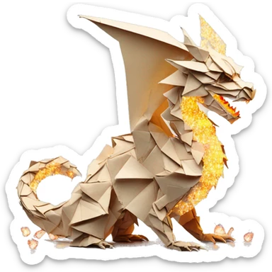 Beige Origami dragon made of newspapers on fire surrounded by fairy lights swirls covered in dried flowers bokeh library bunting floral flowers fire flames sticker