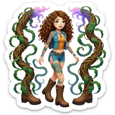 full body view of a woman with long curly brown hair, brown eyes, white skin, tattoos, walking forward through psychedelic fog, glowing vines wrapping around her boots sticker