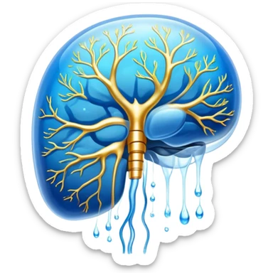 Ethereal omega-3 capsule with flowing golden energy connecting to a shimmering brain (cognition), heart (cardiovascular health), joint (anti-inflammatory), and eye (vision). Each connection glows with healing light, all suspended in a dreamlike blue atmosphere. sticker
