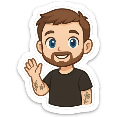 cute chibi cartoon-style male character, front-facing, short brown hair, neatly trimmed short beard, large blue eyes, smiling, waving with right hand, visible tattoos leaf star flower on left arm, wearing simple black t-shirt, smooth shading, clean lines sticker