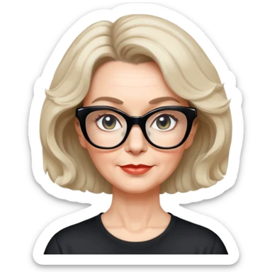 white woman about 50 years old with light warm skin, wide face, wavy black neck-length 80s short hair, low volume, neutral expression, large black shiny butterfly or cat-eye glasses, white casual t-shirt sticker