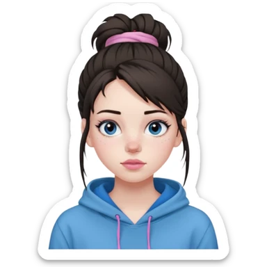 Create a teenage girl with straight brunette hair pulled into a messy bun, pale skin, light freckles, and blue-grey eyes. She will have pink lips and long black eyelashes. She will be wearing a big black hoodie. sticker