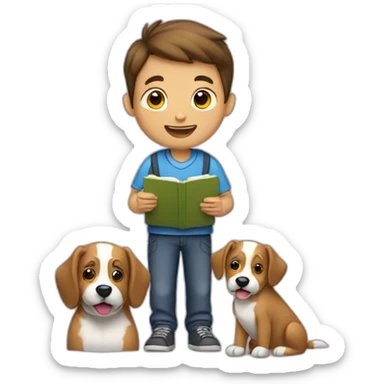 a boy with a notebook and a dog closing his notebook sticker