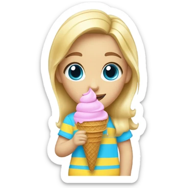 Girl with blonde hair, blue eyes, yellow striped shirt, holding vanilla ice cream cone sticker