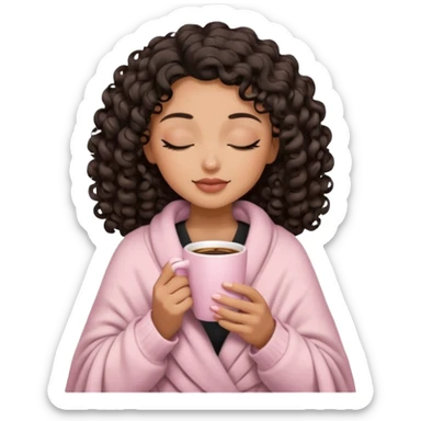 woman with medium tan sand tone, black mid length 3b curls, closed eyes, feminine face, holding soft pink coffee cup with beige blanket over shoulders sticker