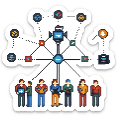 pixel art style illustration of a professional filmmaking network showing multiple cinema professionals (director, cameraman, sound engineer, editor, etc.) connected by lines or connection symbols, collaborative atmosphere, figurative style, large image sticker