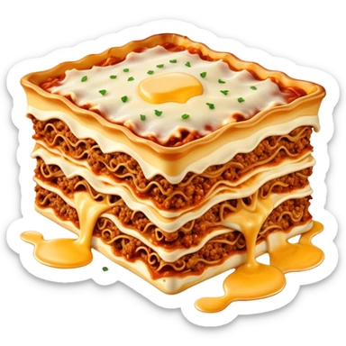 Lasagne alla Bolognese Cinematic Realistic Lasagne alla Bolognese Dish Emoji, depicted as a messy, layered pasta dish overflowing with melted cheese and rich meat sauce, rendered with hearty textures and warm, indulgent lighting. sticker