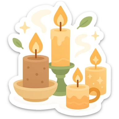 Several cute, glowing candles with flickering flames, set in a cozy and magical atmosphere, designed in a soft color palette: golden orange (FA9B41), deep forest green (4A7C5C), warm taupe brown (96775A), and pastel peach (FFCC9A). The candles are in delicate, slightly vintage holders, with the flames casting a gentle, warm glow. The wax is in shades of golden orange and peach, with subtle gradients, and small decorative patterns or tiny sparkles around them. The soft light from the candles creates a dreamy, enchanting ambiance, surrounded by tiny floating leaves or soft mist. The overall mood is serene, inviting, and magical. sticker