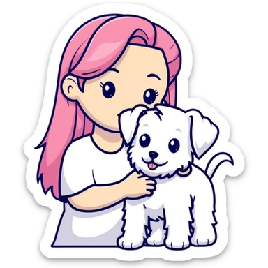 Girl with long flowing pink hair holding a white schnauzer dog sticker