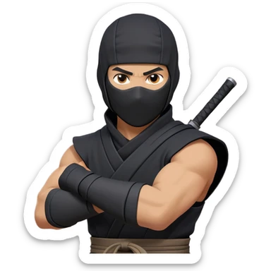 clash-of-clans-aesthetic_-cinematic-mysterious-male-ninja-portrait-emoji, rendered in a flat, vector-style with minimal shading and bold, simplified shapes, his arm is stretched out  with a head slightly turned revealing intense, focused eyes. the ninja has his arm out and perched on top of his forearm is  a black crow sticker