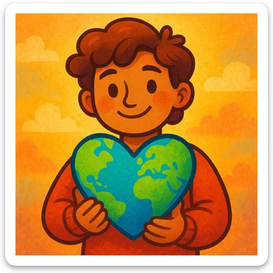 a character holding the Earth shaped like a heart, visually appealing style, vibrant colors, friendly and warm atmosphere sticker