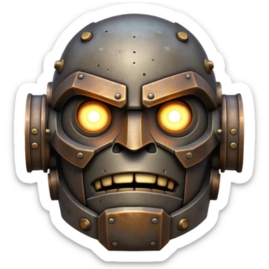 Cinematic Noble Mighty Iron Golem Portrait Emoji Poised and imposing, with a towering, metallic form forged from intricately detailed plates of burnished steel and ancient bronze, etched with faint traces of runes and weathered marks of time. Its piercing, glowing eyes radiate unwavering resolve, casting a solemn and commanding presence; rendered with lifelike texture and natural metallic highlights, high shine, elegant yet indomitable, styled with an aura of legendary endurance, focused and resolute, soft glowing outline, capturing the essence of an eternal guardian, standing vigilant and immovable as if ready to awaken at any moment with unstoppable might! sticker