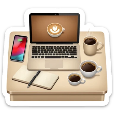 Laptop on the rectangular beige table, coffee and notebook sticker