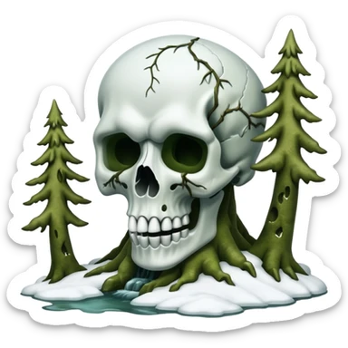 A surreal Alaskan snow covered landscape with mossy trees, in the style of your bleeding skull art. sticker
