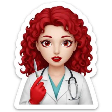 Lilith scalpel in hand, evil surgeon sexy surgeon clothes.  She has red eyes. She has dark brown long curly hair. Wears sexy doctor outfit with red gloves. Covers mouth neck and nose with red litham only covering under her nose to hide her identity sticker