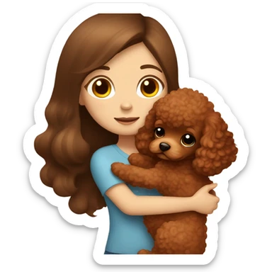 A girl with long brown hair hugging a cute red brown toy poodle puppy  sticker