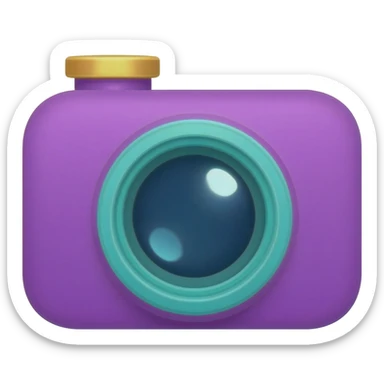 cute purple camera with a large teal lens, golden shutter button on top, tiny flash sparkle sticker