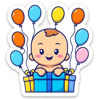 happy baby surrounded by pastel blue balloons and presents at birthday party sticker