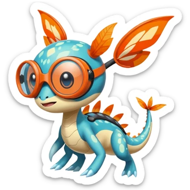 Bluish Splash-patterned emotional sparky sparky boom boom painful Meloetta-Guilmom-Salandit-Flygon-Pokémon-Fakémon-fusion-hybrid-creature with orange goggles on eyes sticker