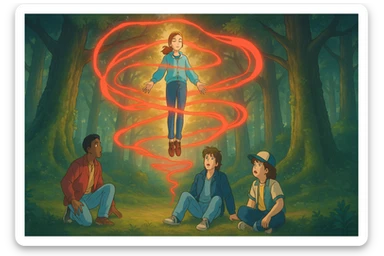 Max from Stranger Things levitating with supernatural red energy swirling around her, Lucas, Steve, and Dustin in awe. Ghibli style, wide aspect ratio (16:9), intense and mystical atmosphere. Make Lucas, Steve, and Dustin visually recognizable with their signature hairstyles and outfits. sticker