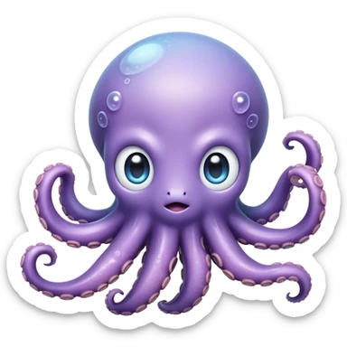 Meme-Worthy Floating Baby Octopus Portrait Emoji, Drifting gracefully in the water with soft, curled tentacles and a dreamy, weightless posture, showcasing a smooth, rounded light blue-purple body with mesmerizingly large, gentle eyes gazing into the abyss, Simplified yet poetically expressive features, highly detailed, glowing with a soft, celestial marine glow, high shine, quiet and mystical, stylized with an air of deep-sea serenity, soft glowing outline, capturing the essence of a tiny, peaceful cephalopod floating endlessly in the infinite beauty of the ocean depths! sticker
