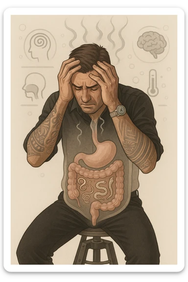 a person sits with a troubled expression, holding their head in their hands. A transparent overlay on their body reveals stylized images of parasites in the digestive tract, while faint, shadowy tendrils extend upward toward the brain, symbolizing the psychological impact. The background is clinical and educational, with subtle icons representing both physical and mental symptoms. sticker