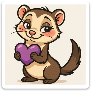 flirtatious ferret with a purple heart, cartoon style, big eyes, blushing cheeks sticker