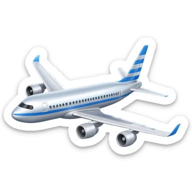 A 3D cartoon commercial airplane flying above clouds, silver body with blue stripes, smooth reflections, Memoji-style realism. sticker