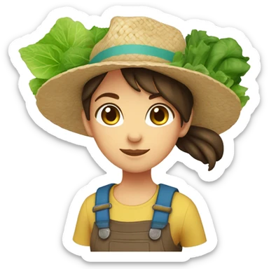 farmer girl, light blue eyes, dark brown hair, with a straw hat, ponytail, holding greens in hand sticker