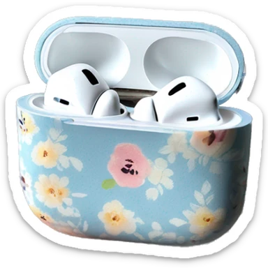AirPods Pro in floral case with white and pastel blue roses pattern on the case sticker