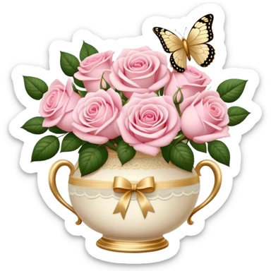 Realistic aesthetic bouquet of soft pink roses in a porcelain vase with an ivory lace ribbon and a golden butterfly sticker