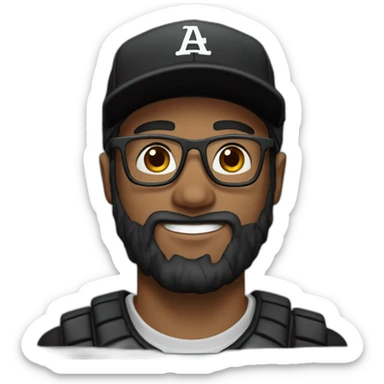 Bearded dark haired man with black baseball hat and glasses sticker