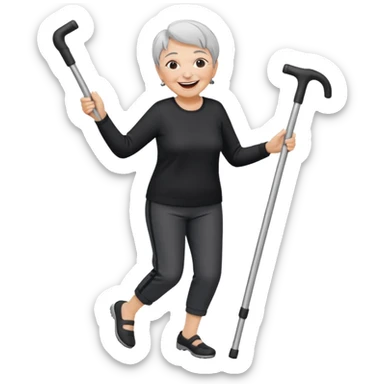 old woman with short hair, dressed with pants, laughing and dancing with crutches sticker