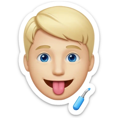 a smiley face of a man with tongue out just a little bit, blue eyes and blonde hair sticker