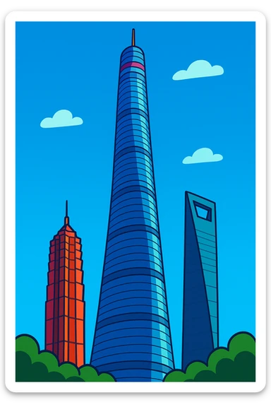 Shanghai Tower, modern illustration style, vibrant colors, iconic skyscraper, clear sky sticker