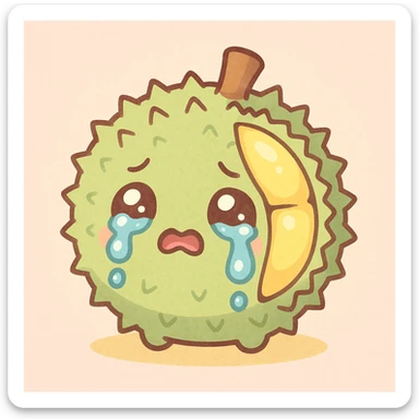 adorable chibi durian, round shape, green spiky shell, yellow flesh, crying with big tears, pastel colors sticker