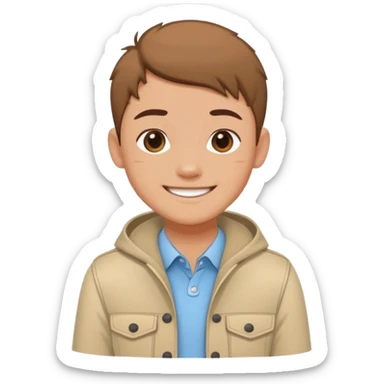 Cartoon avatar sticker of a young person, friendly smile, modern outfit, clean vector illustration, thick outline, flat colors, simple background, sticker style, high quality, transparent background sticker