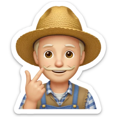 “A single emoji-style character combining 👨‍🌾😄 and 🤔: a smiling farmer man with a straw hat, friendly face, and light beard, holding one hand under his chin in a thinking gesture. His index finger rests under his face, eyes looking slightly upward as if thinking.  sticker
