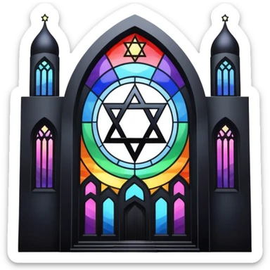 jewish synagogue temple in dark goth aesthetic style with black building and very light tint rainbow stained glass windows. and star of david and celestial symbolism sticker