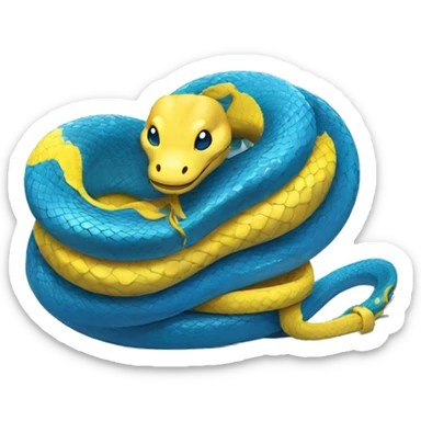 a blue python tangled with a yellow python evoking the python programming language logo sticker