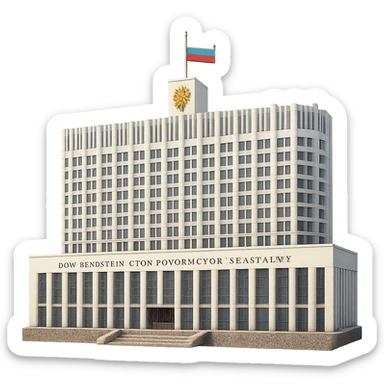 cinematic, realistic emoji of the White House (Дом Правительства Российской Федерации), the Russian parliament building in Moscow, with its distinctive modernist white facade and flag on top, lifelike detail, accurate colors, bright lighting, fully transparent background with no sky, slightly zoomed out for a wider angle view sticker