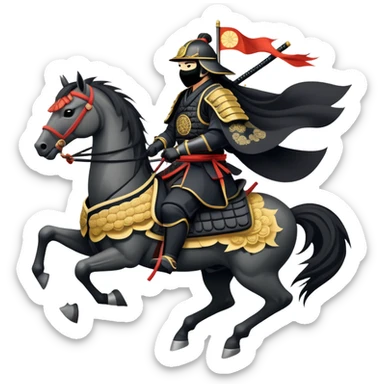 clash-of-clans-aesthetic_-cinematic-fearsome-and-majestic-samurai-bust-portrait-emoji, rendered in a flat, vector-style with minimal shading and bold, simplified shapes typical of emoji art, depicting a battle-hardened samurai with black mask and traditional black Japanese armor. The samurai is riding a noble grey warhorse adorned with an intricately designed saddle and fluttering banners and a rising sun. a samurai riding on a  horse sticker