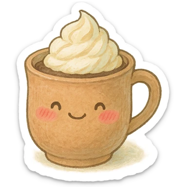 a cup of cocoa with whipped cream, Japanese soft pastel hand-drawn style, full object, transparent background, with blushing cheeks sticker