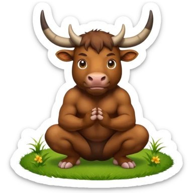 Bull with horns squatting while brown substance lays on grass behind him, between his legs sticker
