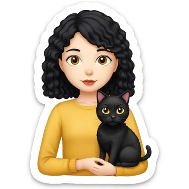 A girl with long black hair is holding a black cat, a yellow short-haired cat, and a curly-haired dog sticker
