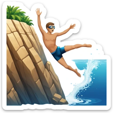 The background features rugged cliffs, clear blue water, and a bright sky, emphasizing the excitement and danger of the sport with a sense of freedom and adventure. A diver mid-air, plunging from a high cliff into the sparkling ocean below.  sticker