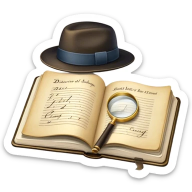 Icon for Detective Reading: an open book with text and a magnifying glass, a detective’s hat and a notebook with clues, surrounded by dark shadows and mysterious elements like footprints. Transparent background. sticker