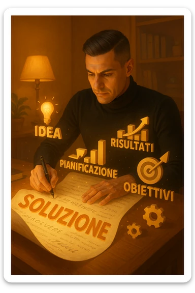 Un uomo concentrato, seduto alla sua scrivania in una stanza con luce calda, sta scrivendo su un enorme foglio di carta che si espande magicamente davanti a lui. Mentre scrive, le parole si trasformano in elementi visivi tridimensionali che rappresentano le soluzioni ai suoi problemi in italiano sticker