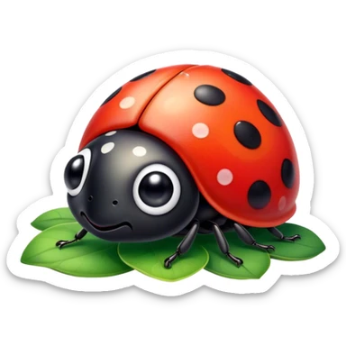 Cinematic Cute Ladybug Portrait Emoji, Head tilted playfully and inquisitively, featuring a diminutive, adorable form with a glossy red shell dotted with playful black spots and round, sparkling eyes full of gentle mischief, Simplified yet irresistibly adorable features, highly detailed, glowing with a warm, inviting glow, high shine, affectionate and lively, stylized with a touch of whimsical garden charm, soft glowing outline, capturing the essence of a mischievous ladybug that seems as if it could flutter out of the screen into your arms! sticker