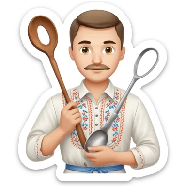 Ukrainian man in traditional white embroidered shirt holding a ladle and kitchen shears sticker